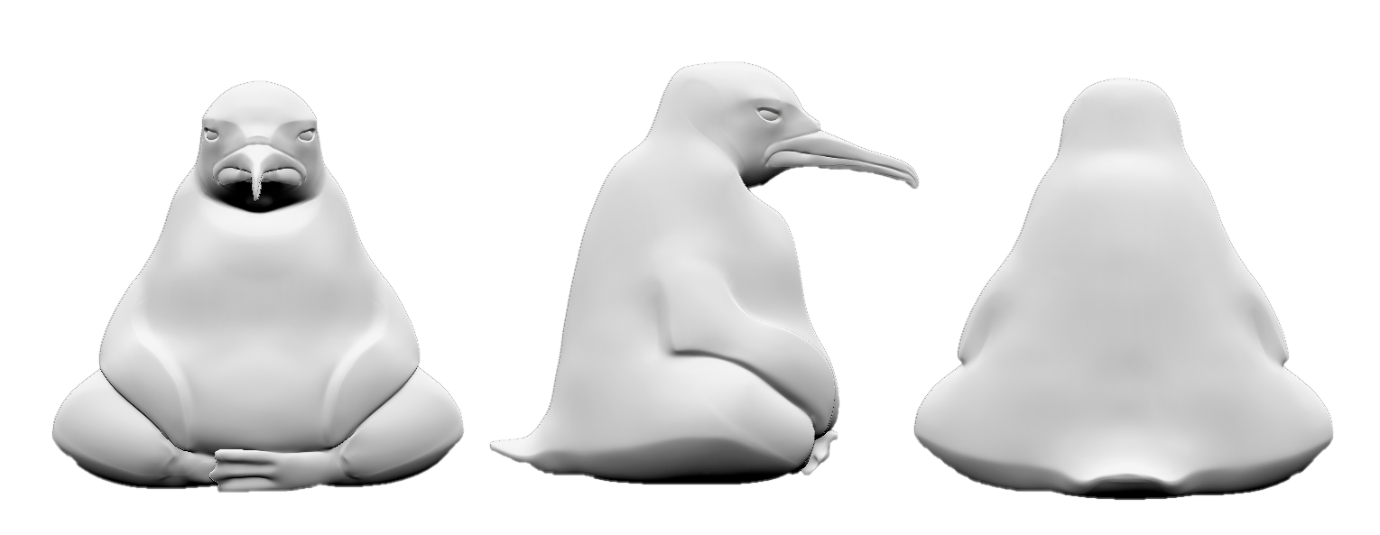 Vistas del modelo 3D: frente, perfil y espalda